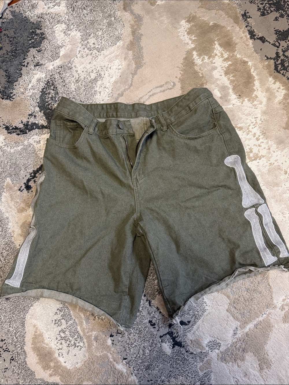 Men's Olive Green Casual Shorts with Skeleton Bone Detail